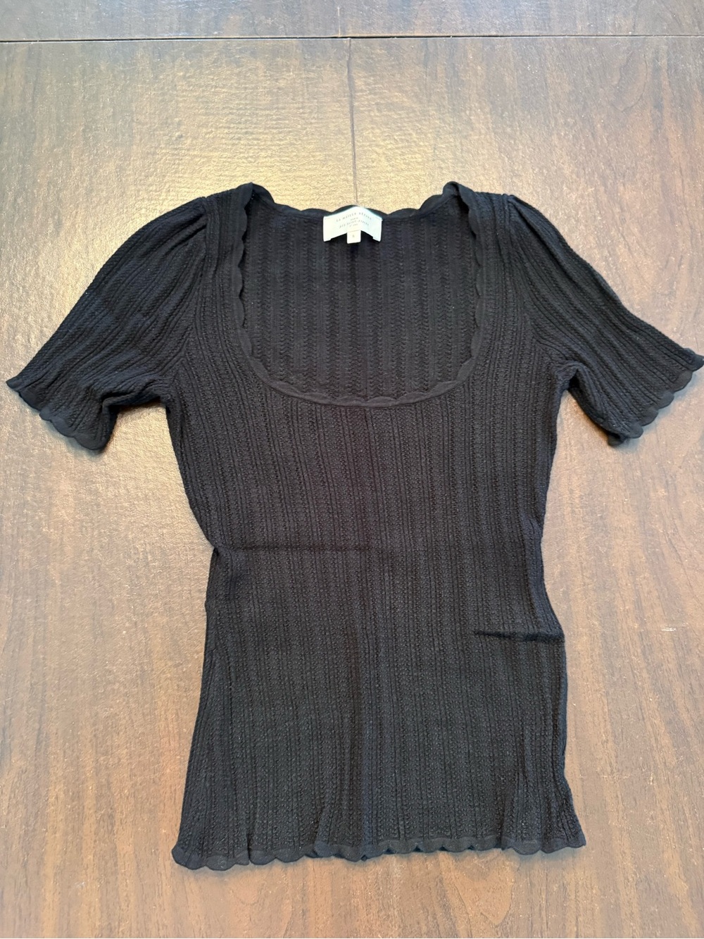 Sezane Black Ribbed Scoop Neck Short Sleeve Top